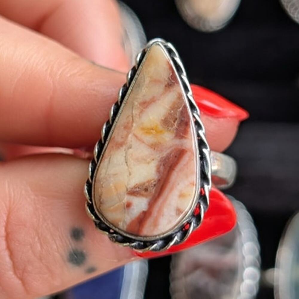 Cream Red Boho Statement Ring Teardrop Silver Vintage Groovy Southwest Size 8.75